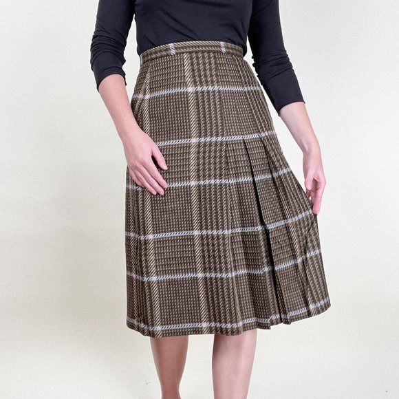 Vintage Houndstooth Plaid Tweed High Waisted Pleated Midi Skirt Preppy Academia - Picture 1 of 5